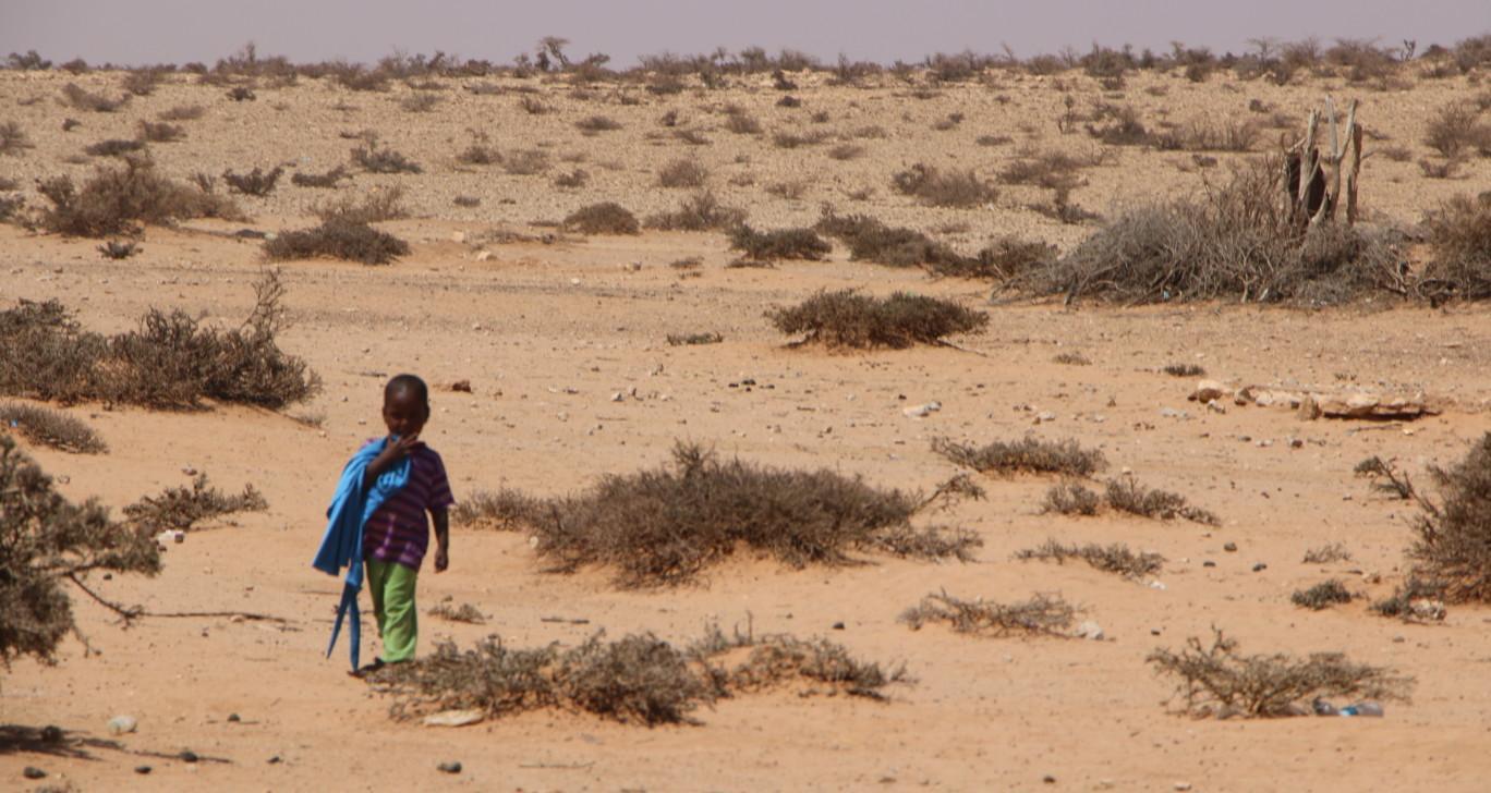 Lapsi kävelee keskellä aavikkomaisemaa.
