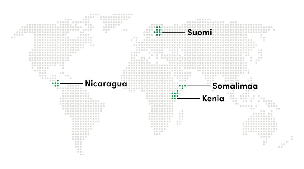 Maailmankartta, jossa korostettu seuraavat maat: Nicaragua, Suomi, Kenia, Somalimaa