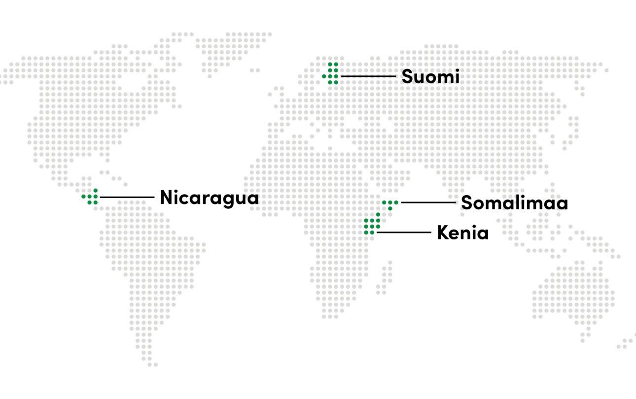 Maailmankartta, jossa korostettu seuraavat maat: Nicaragua, Suomi, Kenia, Somalimaa