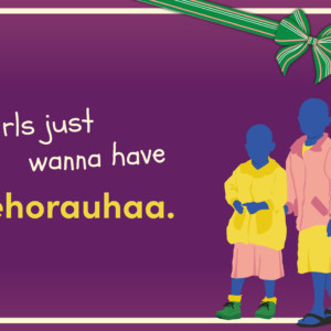 Aineettoman lahjan kortti: kuvassa teksti "Girls just wanna have kehorauhaa" ja kuvitus kahdesta tytöstä