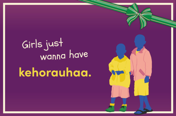 Aineettoman lahjan kortti: kuvassa teksti "Girls just wanna have kehorauhaa" ja kuvitus kahdesta tytöstä