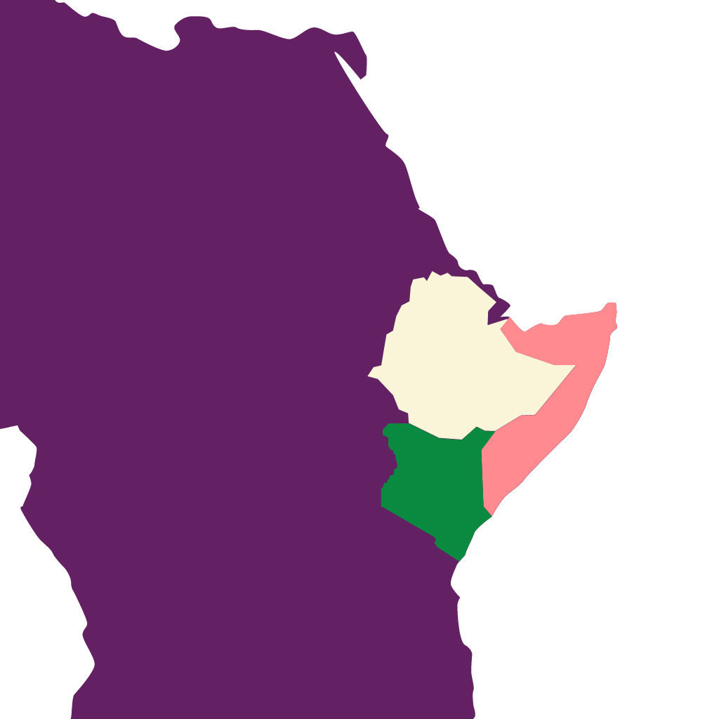 Karttakuva Afrikan mantereesta, jossa on korostettuna Somalia, Etiopia, ja Kenia.