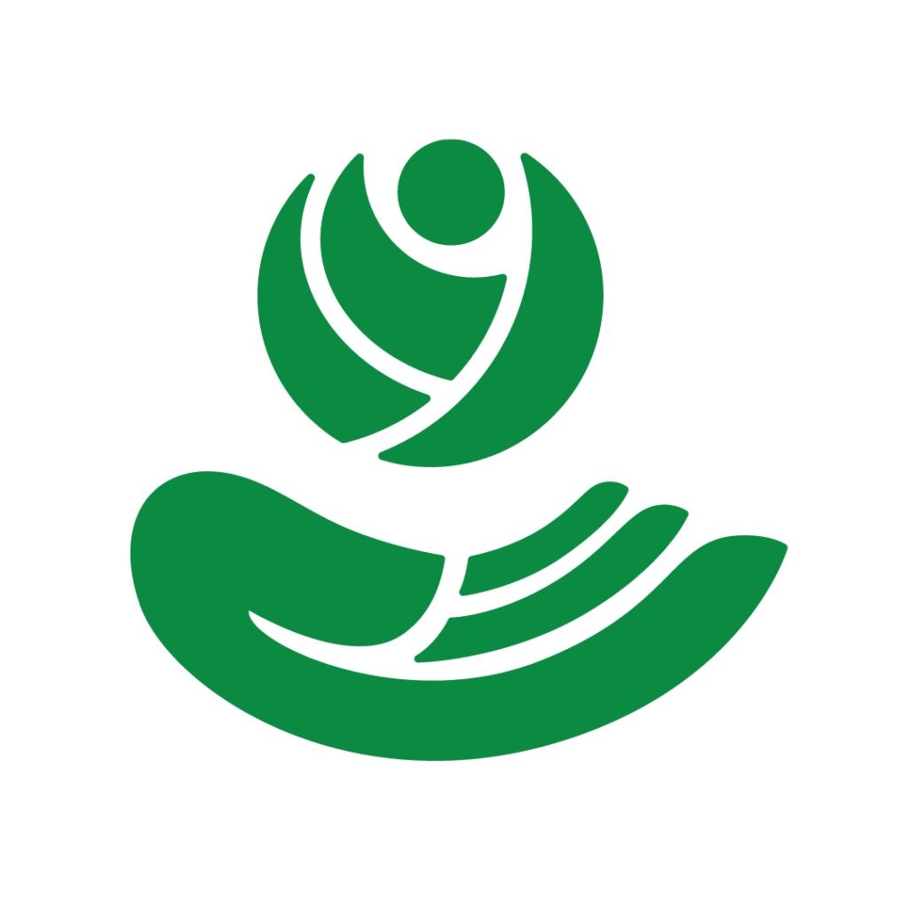 Solidaarisuuden logon vihreä käsi ja siemen käden päällä