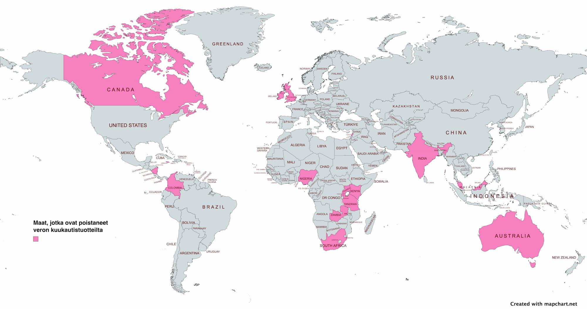 Kartta, jossa näkyy 17 maata, jossa kuukautistuotteiden verotus on poistettu