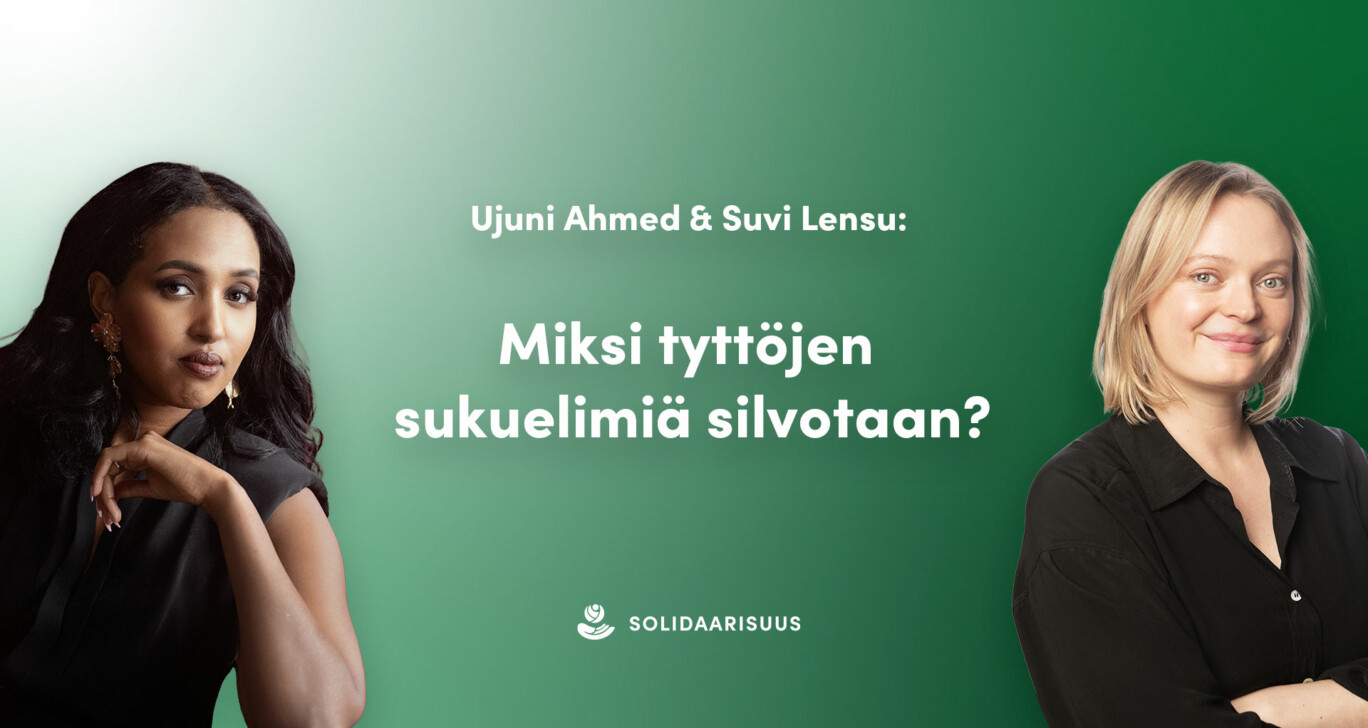 Kuvassa Ujuni Ahmed ja Suvi Lensu sekä webinaarin nimi.